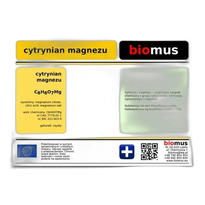 Cytrynian Magnezu 500G 100% Czysty — CAS 3344-18-1 — C12H10Mg3O14 — odczynnik chemiczny